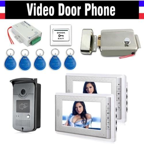 7" Color 2PCS Screen Video Door Phone Intercom System + Electric Lock + 5 PCS ID Keyfobs Access Control