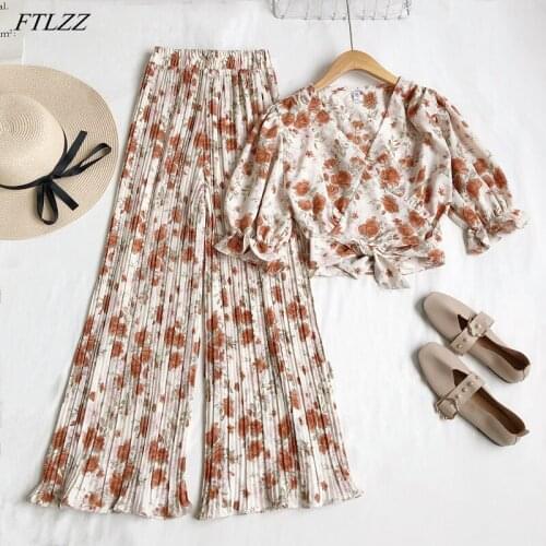 FTLZZ Summer New Women Casual Floral V-Neck Short Top High Waist Long Wide-leg Printing Pants Lady Beach Style Two Piece Set