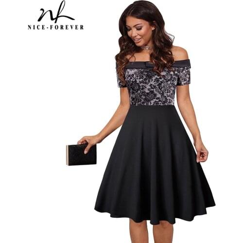 Nice-forever Summer Women Fashion Floral Lace Patchwork Retro Dresses Cocktail Party A-Line Flare Swing Dress btyA051