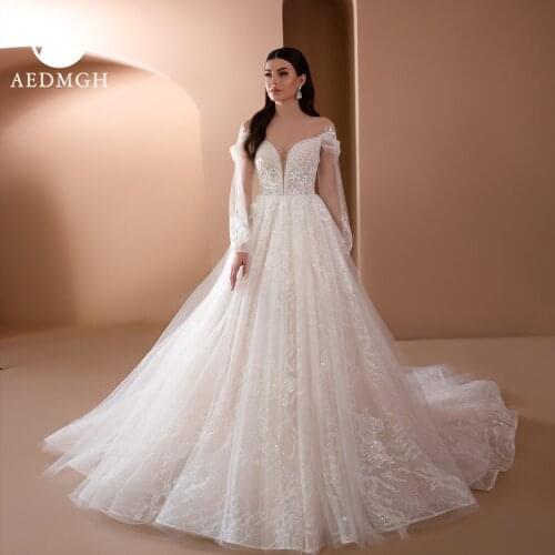 Aedmgh A-Line Wedding Dresses 2021 Sweetheart Off The Shoulder Long Sleeve Vestido De Novia Lace Appliques Beading Bridal Dress