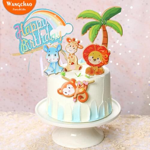 1 Set Animals Safari Birthday Cake Topper Forest Lion Monkey Theme Childrens Birthday Party Cake Decoration Kids Party Supplies