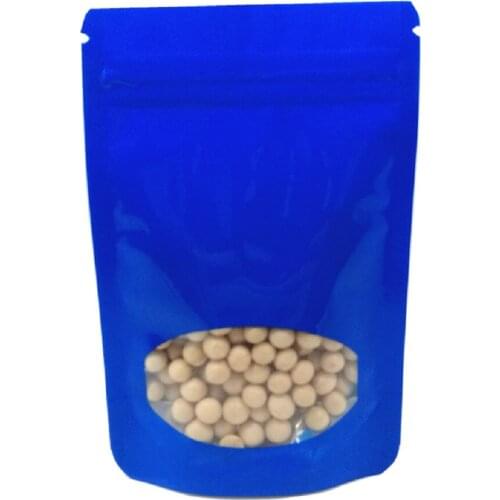 100Pcs/Lot Glossy Blue Zip Lock Stand Up Bag with Clear Window Mylar Foil Tear Notch Doypack Dried Fruits Nuts Storage Pouches