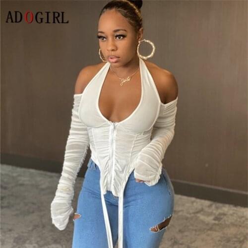 Adogirl Long Stacked Sleeve Halter Zipper Patchwork Sexy Crop Top Corset Shirt Women Solid Tops Party Clubwear Female Hot Tees