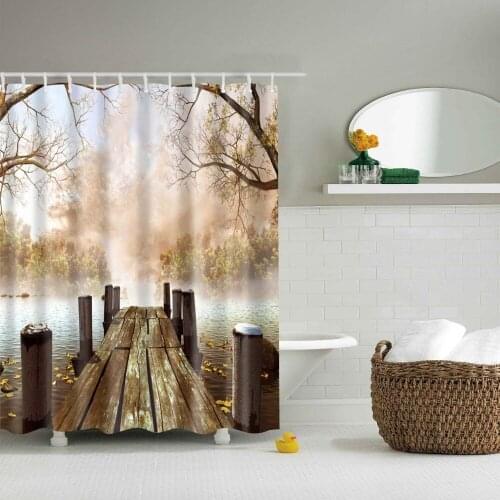 Lake wooden bridge shower curtain High Quality Washable environmentally friendly shower curtain with plastic hook TZ160808