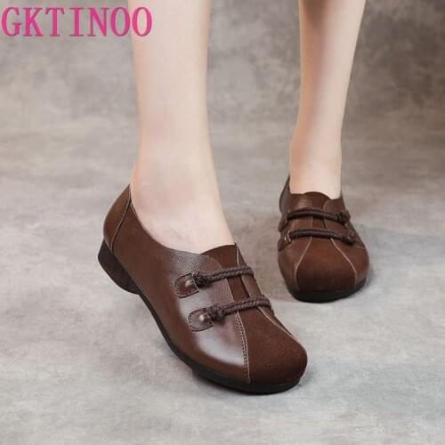 GKTINOO Genuine Leather Shoes Women Flats Soft Comfortable Cow Leather Ladies Footwear Flat Casual Woman Shoes Black Brown