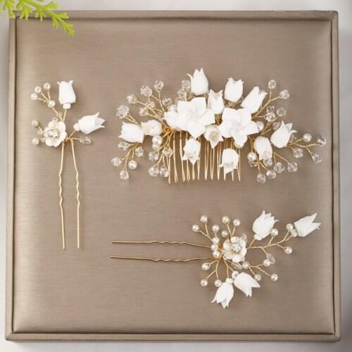 Vintage Gold Color Tiaras Hair Combs With Hairpins Sets White Flowers Rhinestone Pearl Headpiece Wedding Bridal Hair Accessories