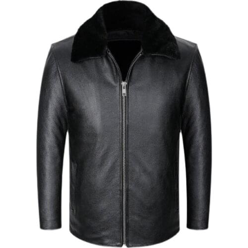 Genuine Leather Jacket Mens Real Leather Autumn Winter Warm Cowhide Coat Casual Outwear Detachable Wool Collar Plush Liner