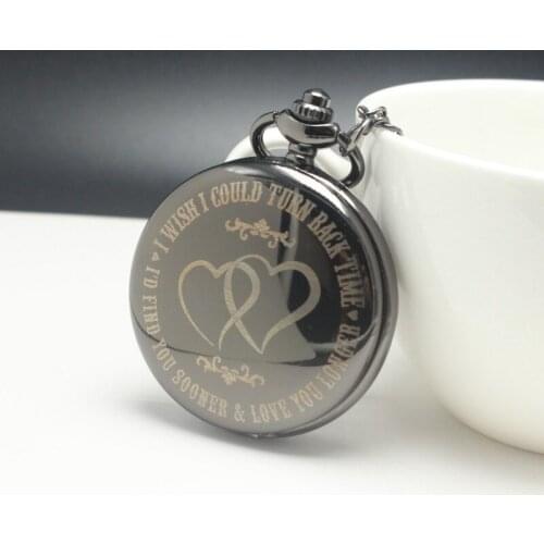 I WISH I COULD TURN BACK TIME Theme Retro Black Smooth Quartz Pocket Watch Engraved LOVE YOU LONGER Watch Gift