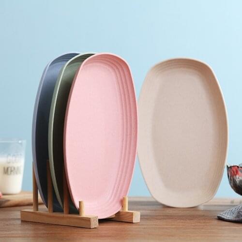 4pcs Wheat Straw Plate Set Dishes Oval Unbreakable Lightweight Dessert Dinner Plates Microwave Safe Kitchen Accessories