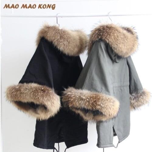 2021 New Women WinterCoat Jacket Raccoon Large Fur Collar Casual Overcoat Flare Sleeve Cloak Cotton-padded Outerwear Top Quality