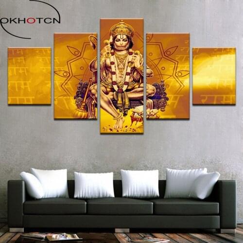 OKHOTCN Canvas Wall Art Pictures Living Room HD Prints Poster 5 Pieces India Monkey Lord Hanuman Shri Ram Home Decor Framework
