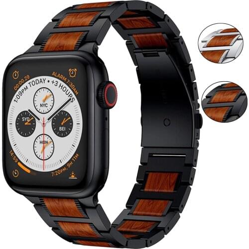For apple watch se 6 5 4 3 44mm 40mm 42mm 38mm band Natural Wood Red Sandalwood Stainless Steel Metal Strap for iWatch Bands