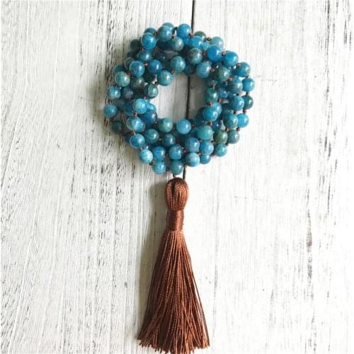 Hand Knotted 108 Mala Bead Necklace Natural Apatite Necklace Yoga Jewelry Tassel Necklaces Prayer Meditation Necklaces