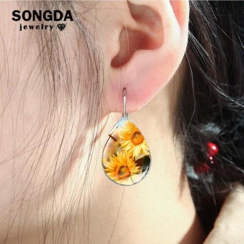 SONGDA Golden Sunflower Water Drop Earrings Handicraft Oil Painting Art Picture Glass Cabochon Teardrop Earrings Summer Jewelry