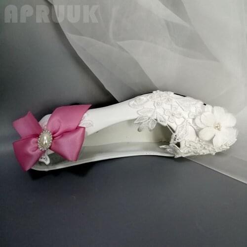 White lace ivory pearls bridal wedding shoes bride low small 3CM heel ladies bridesmaid ladies party proms pink bowknot shoe