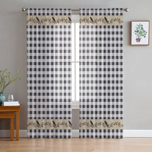 Halloween Theme White Black Plaid Tulle Sheer Window Curtains for Living Room Kitchen Children Bedroom Voile Hanging Curtain