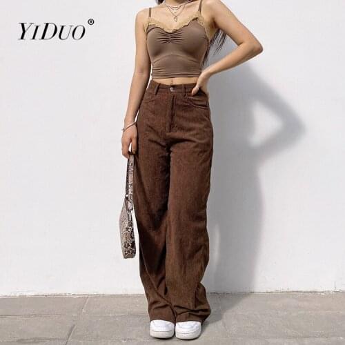 YiDuo Corduroy Y2K Joggers Women Cargo Pants 90s Streetwear Green Brown Low Waist E Girl Straight Trousers Female Black Pants