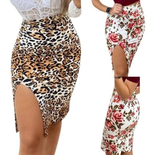 Summer Women High Waist Skirts Wraps Fashion Casual Split Beach Midi Skirt Ladies Leopard Flower Printed Skirt Female Side Open