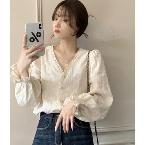 New Fashion V Neck Women Lace Splicing Sweet Single Breasted Casual Long Sleeve Blouse Shirts