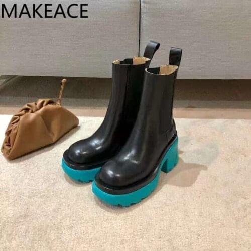 Autumn New Women Ankle Boots Thick Sole Chunky High Heel Chelsea Boots Ladies Slip-on Short Booties Round Toe Boots Woman 2021