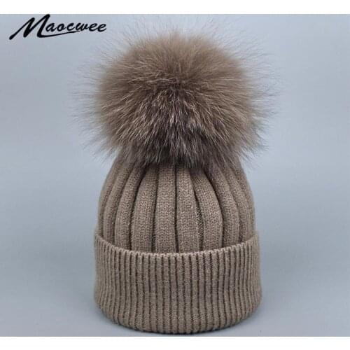 Winter Real Fox Fur Colorful Pompom Beanie Hat For Women Children Warm Gorro Knitted Beanies Skullies Bonnet Caps Pom Poms Hats
