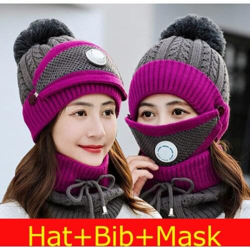 K103 Woman Hat Autumn Winter Knitted Hat With Breathing Valve Mask Thickened Warm Cap 3 in 1 2020 Outdoor Cycling Wool Hats