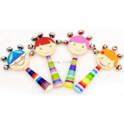 DHL 100pcs Wooden Shaking Handbell Rattle Sound Toy Musical Instrument Gift for Baby Kid Child Toys For Fun