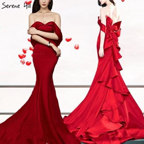 Wine Red Off Shoulder Satin Prom Dresses 2020 Sleeveless Sexy Bow Ruffles Prom Gowns Serene Hill LA70255