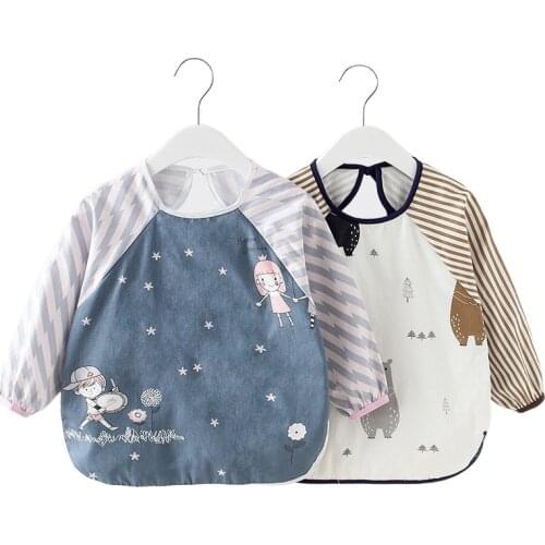 Cartoon Long Sleeve Baby Bibs Cotton Waterproof Reversible Comfortable Bandana Bibs Children Eating Drawing Apron Baby Feeding