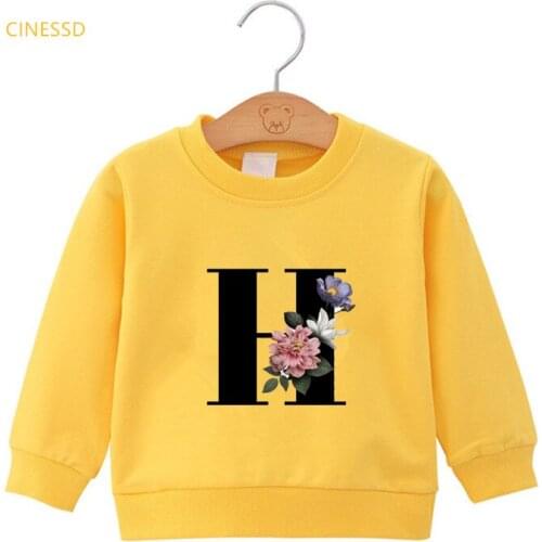 Flowers 26 English Alphabet G-P Print Children 'S Sweatshirts And Hoodie Cute Girls Clothes Winter Velvet Streetwear Teen Tops
