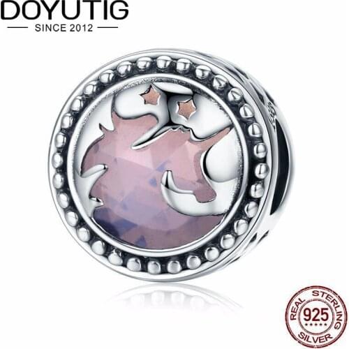 DOYUBO Authentic Womens Real 925 Sterling Silver Unicorn Beads 8MM Pink CZ DIY Charms To Match Silver Bangles Jewelry ADD030