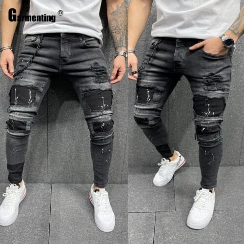Plus Size Men Jeans Demin Pants 2021 Spring Autumn New Patchwork Male Sexy Jean Ripped Trouser Slim Bottom Skinny Pant Man 3XL