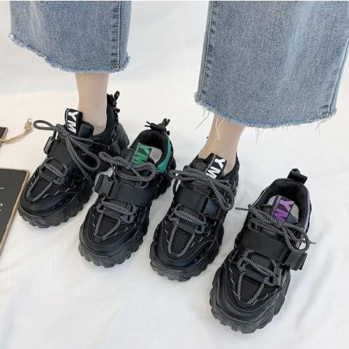 Fashion Buckle Chunky Sneakers Women 2020 Breathable Mesh Thick Sole Platform Sneakers Woman Lace Up Running Casual Shoes