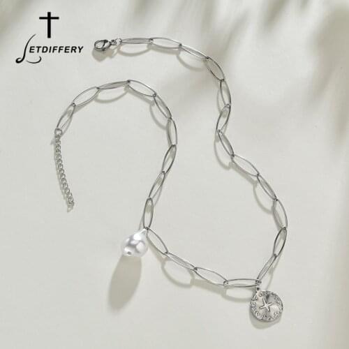 Letdiffery Fashion Stainless Steel Cross Pendant Choker Jewelry Silver Color Women Pearl Wedding Necklace For Christian Gifts