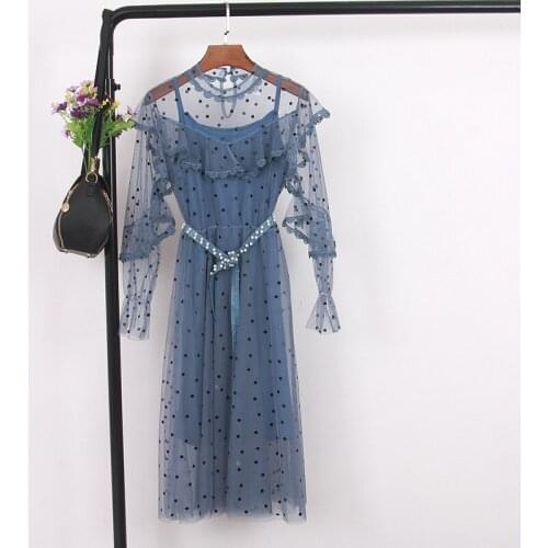 Sweet fashion brands Womens Clothing spring style mesh party dresses polka dot dress perspective vestidos femininos new