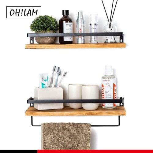 Floating Wall Shelf with Rail storage Shelf with Towel Bar Wall Mounted Shelf Holder Metal Frame Shelf Bathroom Kitchen 2Packs
