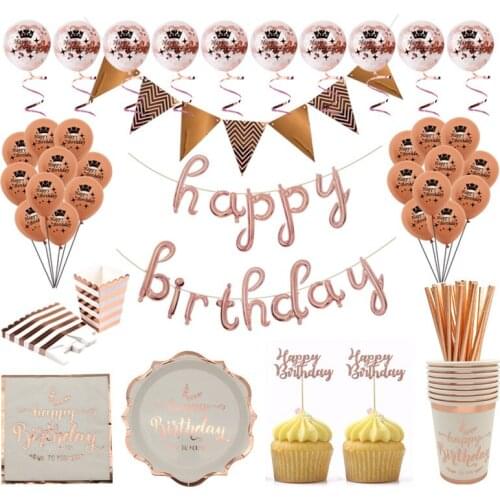 Chicinlife Rosegold Happy Birthday Disposable Tableware Banner Cupcake Toppers Balloons Kids Adult Birthday Party Decor Supplies