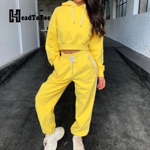 Solid Long Sleeve Hooded Tops and Pockets Drawstring Pants Set Casual Sporty Young Style 2 Piece Outfits for Women