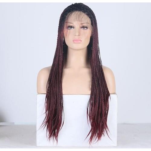 AIMEYA Dark Roots Ombre Red Synthetic Braided Lace Front Wigs for Women Two Tone Half Hand Tied 2X Twist Micro Box Braids Wig