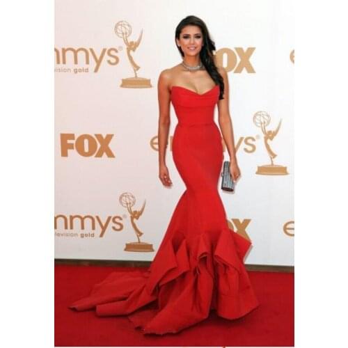 Nina Dobrev Red Carpet Dress Emmy Awards Party Formal Celebrity With Strapless Ruffles Backless Mermaid bridesmaid dresses