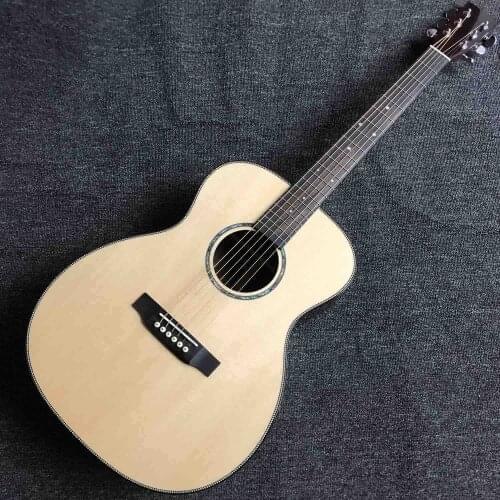Custom All Solid Spruce Wood OM Style Body Ebony Fingerboard Fishbone Binding Acoustic Guitar