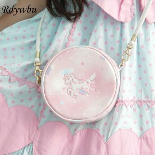 Rdywbu Japan Unicorn Lovely Small Round Handbag Cartoon Messenger Bag Simple Cute Mini Lolita Girl Shoulder Bag Phone Purse B740