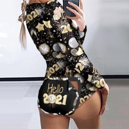 Sexy Women Long Sleeve Bodycon Pajama Romper Women Shorts Playsuit Button-down Print Functional Buttoned Flap Adults Jumpsuit