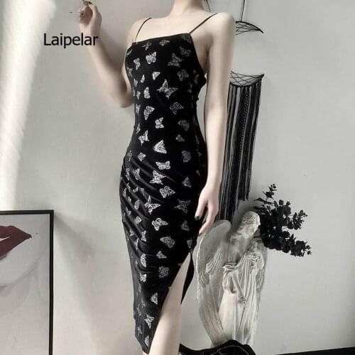 Vintage Grunge Long Harajuku Punk Spring 2021 Summer Splice Backless Butterfly Print Dress Butterful Print Chic