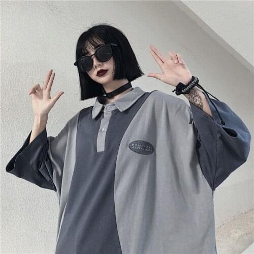 T-shirt Female Hong Kong Style Loose All-match Polo Shirt In The Long Section Of Simple Short-sleeved Contrast Color Stitching