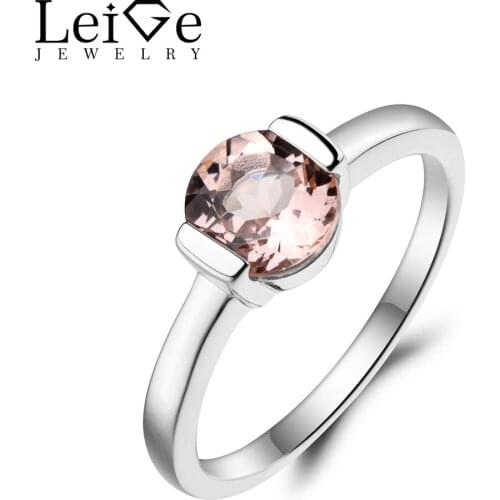 Leige Jewelry Natural Pink Morganite Ring Anniversary Ring Round Cut Pink Gemstone 925 Sterling Silver Solitaire Ring Gifts