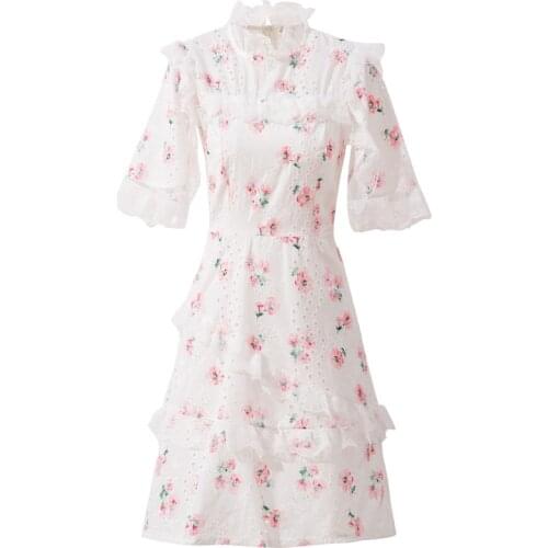 DIDABOLE Designer High Quality Summer New Womens Fashion Party Elegant Fashion Hook Flower Hollow Print Embroidery White Dress