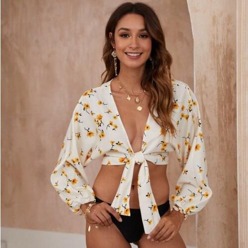 2021 Summer Sexy V-Neck Beach Cover Up Long Sleeve Floral Print Bikini Cover-ups Women Sunscreen Beach Wear Tops Front With Bow