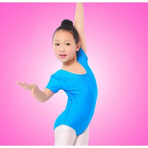 Girls Ballet Bodysuit Children Blue White Dance Leotard Short Sleeved Gymnastics Wear