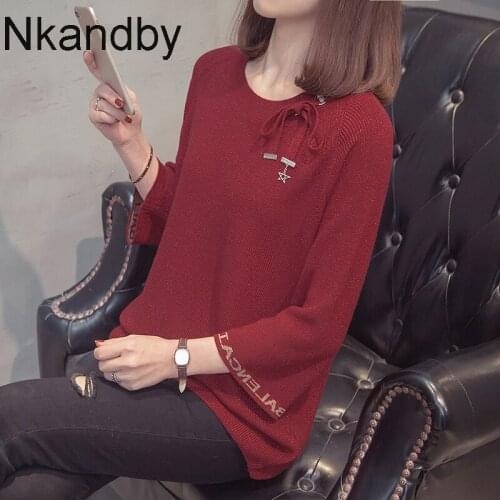 Plus size Bright silk knitted sweaters women 2021 autumn trendy three quarter sleeve loose bow korean ladies pullovers jumpers